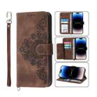 For iPhone 14 Pro Skin-feel Flowers Embossed Wallet Leather Phone Case(Brown) - 1