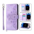 For iPhone 14 Pro Max Skin-feel Flowers Embossed Wallet Leather Phone Case(Purple) - 1