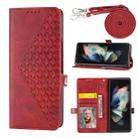 For Samsung Galaxy Z Fold4 Cubic Grid Calf Texture Leather Phone Case with Neck Lanyard(Red) - 1