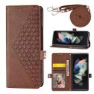 For Samsung Galaxy Z Fold4 Cubic Grid Calf Texture Leather Phone Case with Neck Lanyard(Brown) - 1