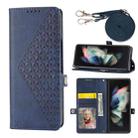 For Samsung Galaxy Z Fold4 Cubic Grid Calf Texture Leather Phone Case with Neck Lanyard(Blue) - 1