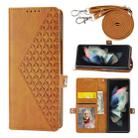 For Samsung Galaxy Z Fold3 5G Cubic Grid Calf Texture Leather Phone Case with Neck Lanyard(Yellow) - 1