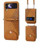 For Samsung Galaxy Z Flip4 Cubic Grid Calf Texture Leather Phone Case with Neck Lanyard(Yellow) - 1