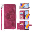 For Xiaomi Redmi Note 11 5G Skin-feel Flowers Embossed Wallet Leather Phone Case(Wine Red) - 1