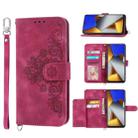 For Xiaomi Poco M4 Pro 4G Skin-feel Flowers Embossed Wallet Leather Phone Case(Wine Red) - 1