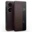 For Huawei P50 QIALINO Genuine Leather Side Window View Smart Phone Case(Brown) - 1