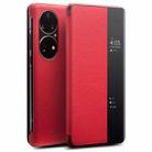 For Huawei P50 Pro QIALINO Genuine Leather Side Window View Smart Phone Case(Red) - 1