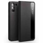 For Samsung Galaxy S21 5G QIALINO Genuine Leather Side Window View Smart Phone Case(Black) - 1