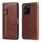 For vivo Y35 4G / Y22s / Y22 Calf Texture Zipper Leather Phone Case(Brown) - 1