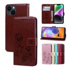 For iPhone 14 Plus Rose Embossed Flip PU Leather Phone Case(Brown) - 1