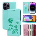 For iPhone 14 Pro Max Rose Embossed Flip PU Leather Phone Case(Green) - 1