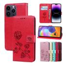 For iPhone 14 Pro Max Rose Embossed Flip PU Leather Phone Case(Red) - 1