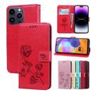 For iPhone 14 Pro Rose Embossed Flip PU Leather Phone Case(Red) - 1