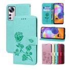 For Xiaomi 12/12X Rose Embossed Flip PU Leather Phone Case(Green) - 1