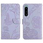 For Sony Xperia 5 IV HT03 Skin Feel Butterfly Embossed Flip Leather Phone Case(Purple) - 1