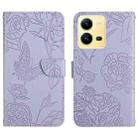 For vivo X80 Lite/V25 5G HT03 Skin Feel Butterfly Embossed Flip Leather Phone Case(Purple) - 1