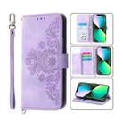 For iPhone 13 Pro Max Skin-feel Flowers Embossed Wallet Leather Phone Case(Purple) - 1