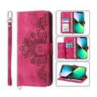 For iPhone 13 Pro Skin-feel Flowers Embossed Wallet Leather Phone Case(Wine Red) - 1