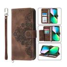 For iPhone 13 Pro Skin-feel Flowers Embossed Wallet Leather Phone Case(Brown) - 1