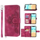 For iPhone 13 Skin-feel Flowers Embossed Wallet Leather Phone Case(Wine Red) - 1