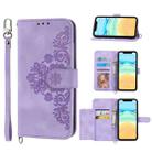 For iPhone 13 mini Skin-feel Flowers Embossed Wallet Leather Phone Case(Purple) - 1