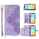 For iPhone 12 / 12 Pro Skin-feel Flowers Embossed Wallet Leather Phone Case(Purple) - 1