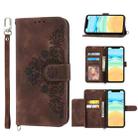 For iPhone 12 / 12 Pro Skin-feel Flowers Embossed Wallet Leather Phone Case(Brown) - 1