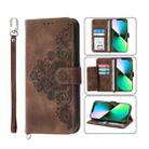 For iPhone 11 Pro Skin-feel Flowers Embossed Wallet Leather Phone Case(Brown) - 1