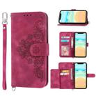 For iPhone 11 Skin-feel Flowers Embossed Wallet Leather Phone Case(Wine Red) - 1