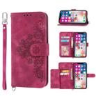 For iPhone XS / X Skin-feel Flowers Embossed Wallet Leather Phone Case(Wine Red) - 1