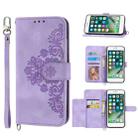 For iPhone SE 2022 / SE 2020 / 8 / 7 Skin-feel Flowers Embossed Wallet Leather Phone Case(Purple) - 1