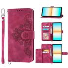 For Sony Xperia 10 IV Skin-feel Flowers Embossed Wallet Leather Phone Case(Wine Red) - 1