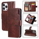 For iPhone 14 Pro Max Litchi Texture 9 Card Tri-Fold Wallets Leather Phone Case(Brown) - 1