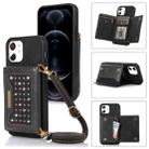 For iPhone 12 Three-fold RFID Leather Phone Case with Lanyard(Black) - 1