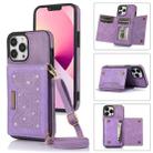 For iPhone 13 Pro Max Three-fold RFID Leather Phone Case with Lanyard(Purple) - 1