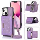 For iPhone 14 Three-fold RFID Leather Phone Case with Lanyard(Purple) - 1