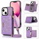 For iPhone 14 Plus Three-fold RFID Leather Phone Case with Lanyard(Purple) - 1