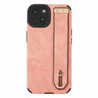 For iPhone 14 Plus Wrist Strap TPU Leather Phone Case(Pink) - 1