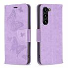 For Samsung Galaxy S23+ 5G Embossing Two Butterflies Pattern Leather Case(Purple) - 1