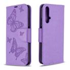 For Huawei Honor 20S Two Butterflies Embossing Pattern Horizontal Flip Leather Case with Holder & Card Slot & Wallet & Lanyard(Purple) - 1