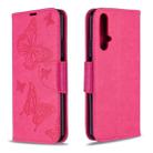 For Huawei Honor 20S Two Butterflies Embossing Pattern Horizontal Flip Leather Case with Holder & Card Slot & Wallet & Lanyard(Rose Red) - 1