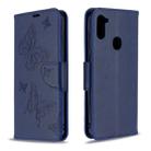 For Galaxy A11 Two Butterflies Embossing Pattern Horizontal Flip Leather Case with Holder & Card Slot & Wallet & Lanyard(Dark Blue) - 1