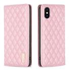 For iPhone XS / X Diamond Lattice Magnetic Leather Flip Phone Case(Pink) - 1