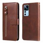 For Xiaomi 12T / 12T Pro / Redmi K50 Ultra Calf Texture Zipper Leather Phone Case(Brown) - 1