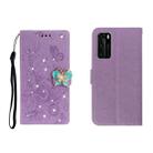For Huawei P40 Horizontal Rhinestone Butterfly Embossed Leather Case with Card Slot & Wallet & Holder(Purple) - 1