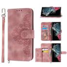 For Samsung Galaxy S22 Ultra 5G Skin-feel Flowers Embossed Wallet Leather Phone Case(Pink) - 1