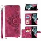 For Samsung Galaxy S22 Ultra 5G Skin-feel Flowers Embossed Wallet Leather Phone Case(Wine Red) - 1