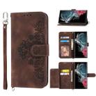 For Samsung Galaxy S22 Ultra 5G Skin-feel Flowers Embossed Wallet Leather Phone Case(Brown) - 1