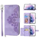 For Samsung Galaxy S21+ 5G Skin-feel Flowers Embossed Wallet Leather Phone Case(Purple) - 1