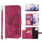 For Samsung Galaxy S21+ 5G Skin-feel Flowers Embossed Wallet Leather Phone Case(Wine Red) - 1